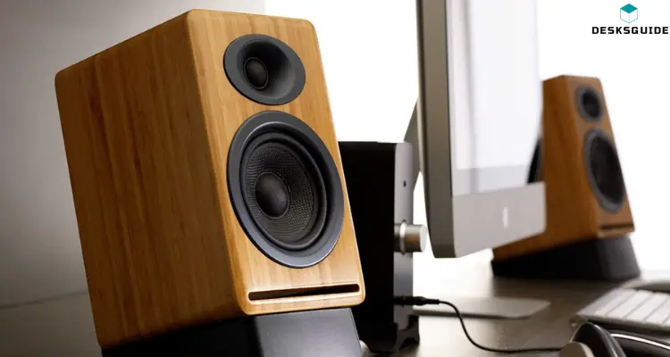 computer speakers on desk